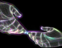 a 3d image of two hands touching each other on a black background